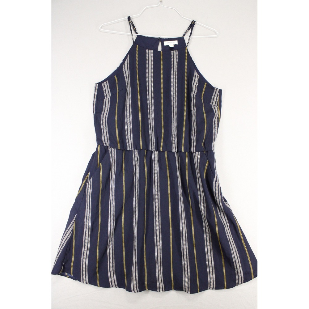 Sandy & Sid Dress L Navy Blue Yellow Stripe Halter Neck Pockets Nautical Preppy
